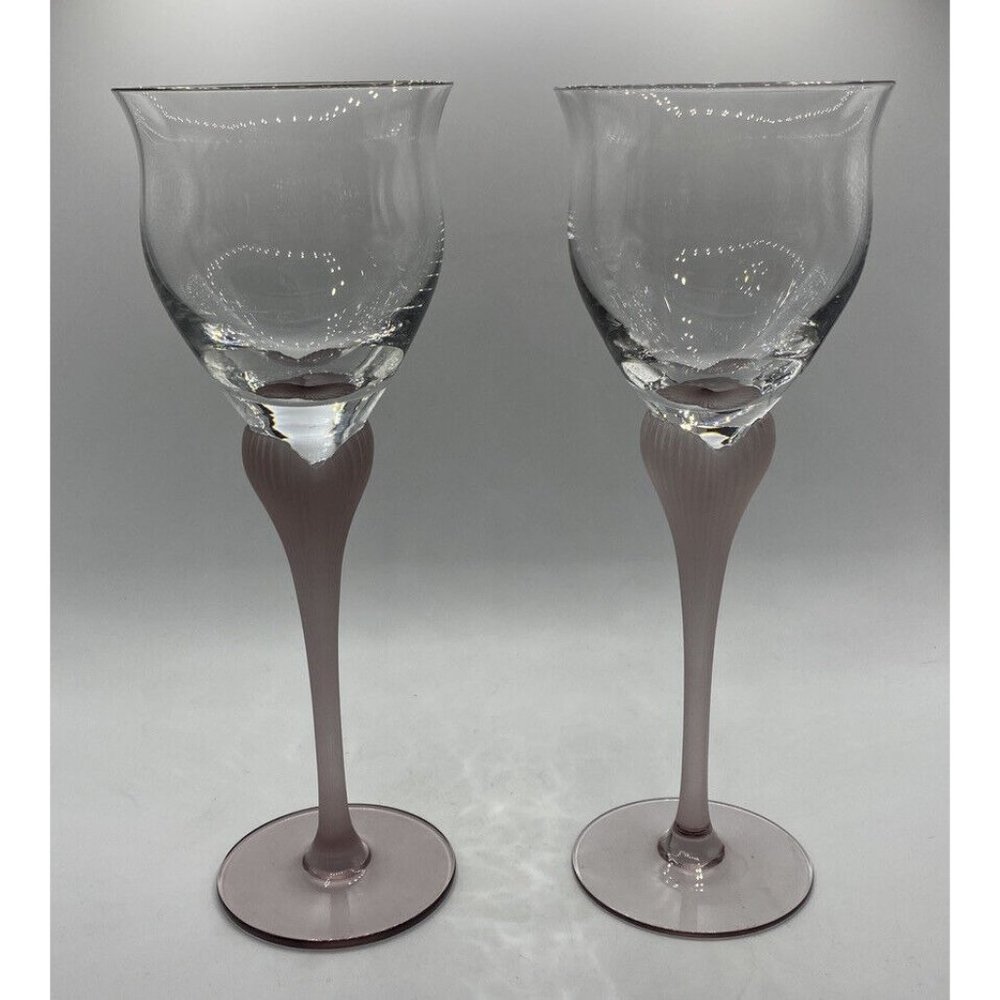 Mikasa Sea Mist Pink Frosted Stem Water Goblets   Set of 2  8 1/4” X 3”.